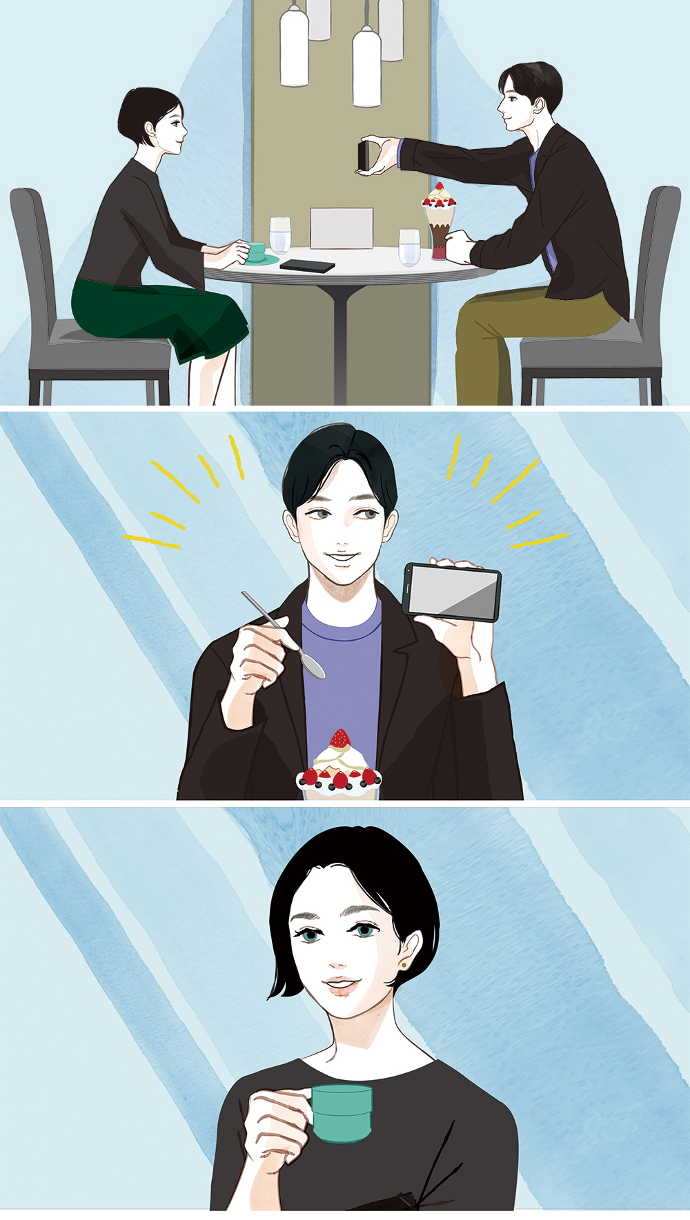 couple cafe dessert smartphone smile