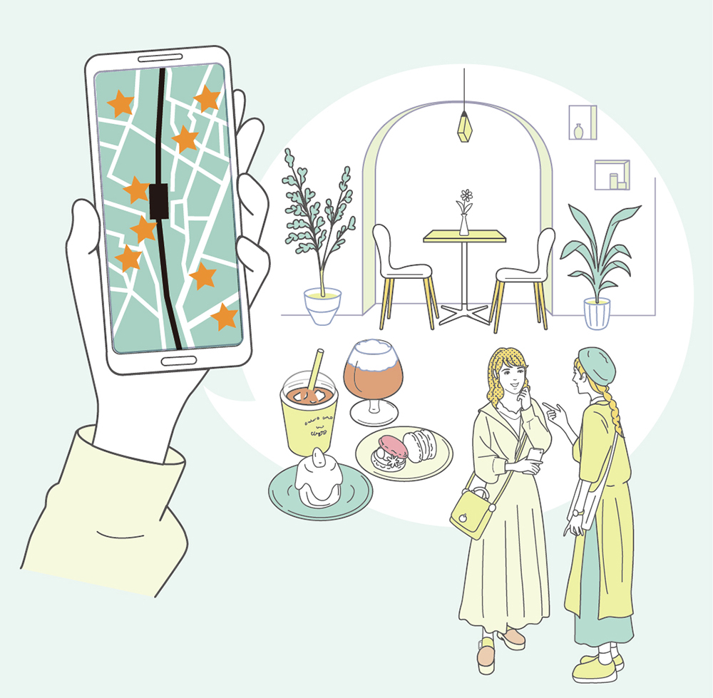 カフェの地図と会話する2人の女性のシンプルな線画のイラスト