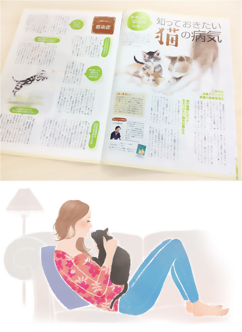 猫の健康に関する記事と猫を抱きしめる女性のイラスト