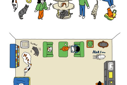猫と暮らす部屋の間取り俯瞰図と、猫と遊ぶ人々のイラスト、ペット共生住宅、ライフスタイル