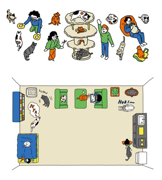 猫と暮らす部屋の間取り俯瞰図と、猫と遊ぶ人々のイラスト、ペット共生住宅、ライフスタイル