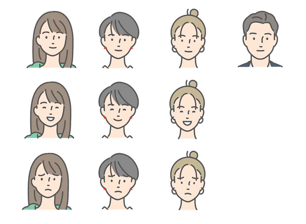 人物の顔 表情3種 男女4人分