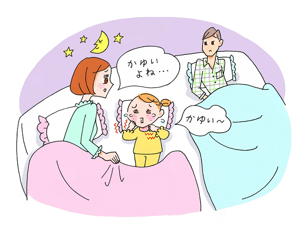 夜間のかゆみのシーン、両親が心配しているイラスト