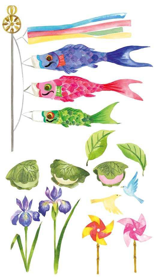 鯉のぼり、かしわ餅、菖蒲の水彩イラスト