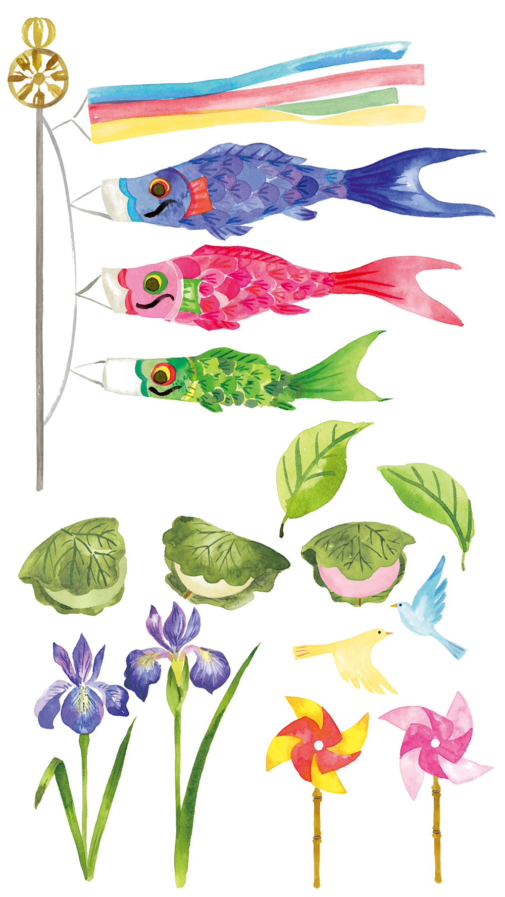 鯉のぼり、かしわ餅、菖蒲の水彩イラスト