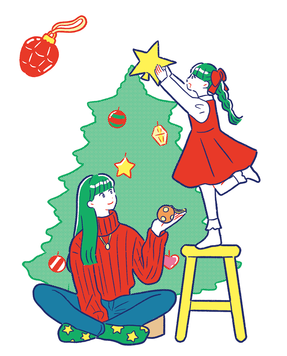 大きなクリスマスツリーに星やオーナメントを飾る親子(女性と女の子)のイラスト。赤いセーターを着た女性が座り、赤いワンピースの女の子が踏み台に乗ってツリーの頂点に星を飾っているシーン。