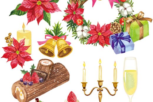 クリスマスの水彩イラスト素材セット,ポインセチア,リース,ブッシュドノエル,キャンドル,ギフトボックス