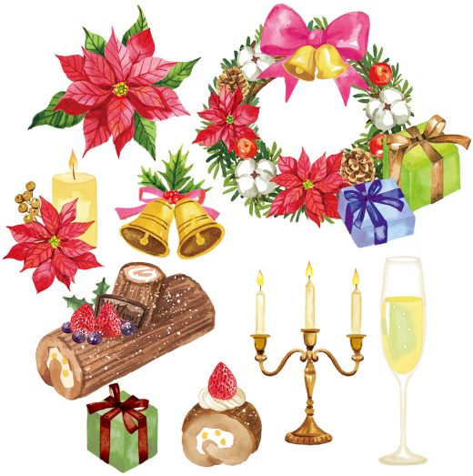 クリスマスの水彩イラスト素材セット,ポインセチア,リース,ブッシュドノエル,キャンドル,ギフトボックス