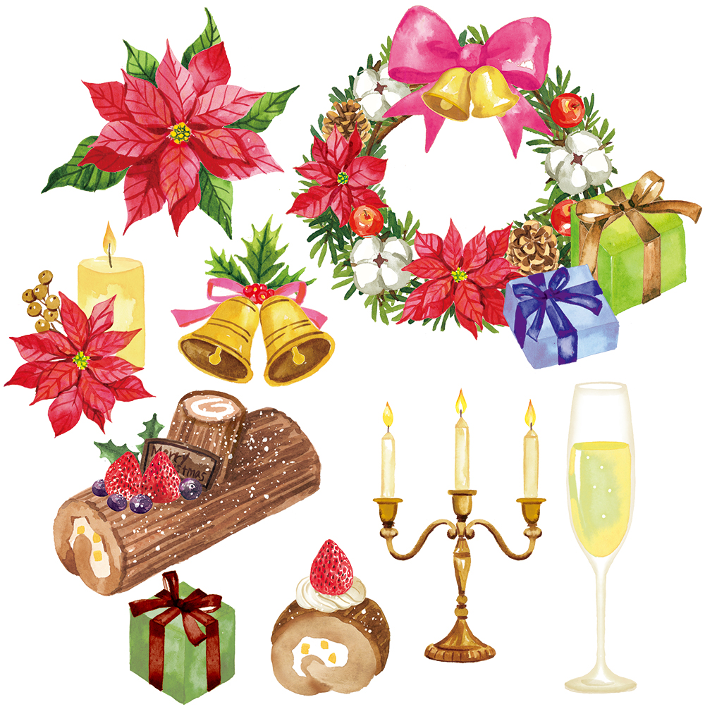 クリスマスの水彩イラスト素材セット,ポインセチア,リース,ブッシュドノエル,キャンドル,ギフトボックス
