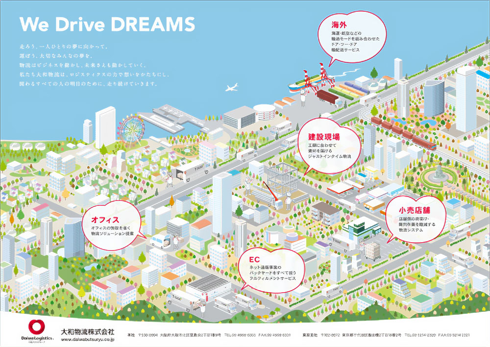 都市のビジネスエリアを示す詳細な俯瞰図イラストマップ