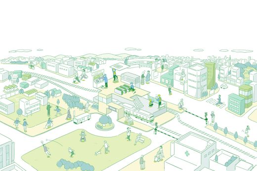 等角投影の都市景観、郊外のライフスタイルマップ、公共空間にいる人々のイラスト