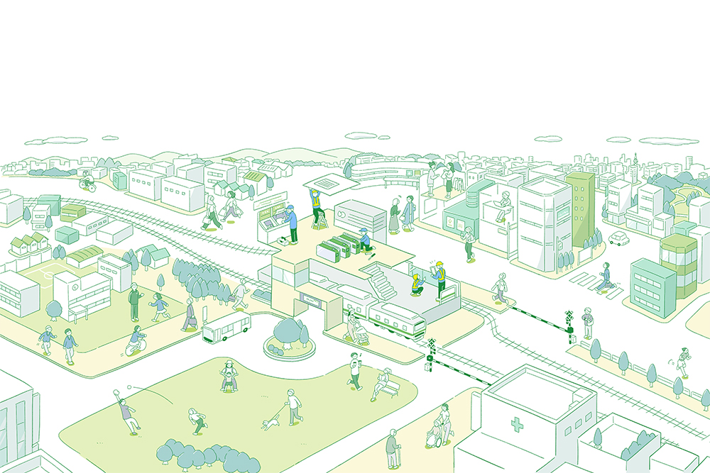 等角投影の都市景観、郊外のライフスタイルマップ、公共空間にいる人々のイラスト