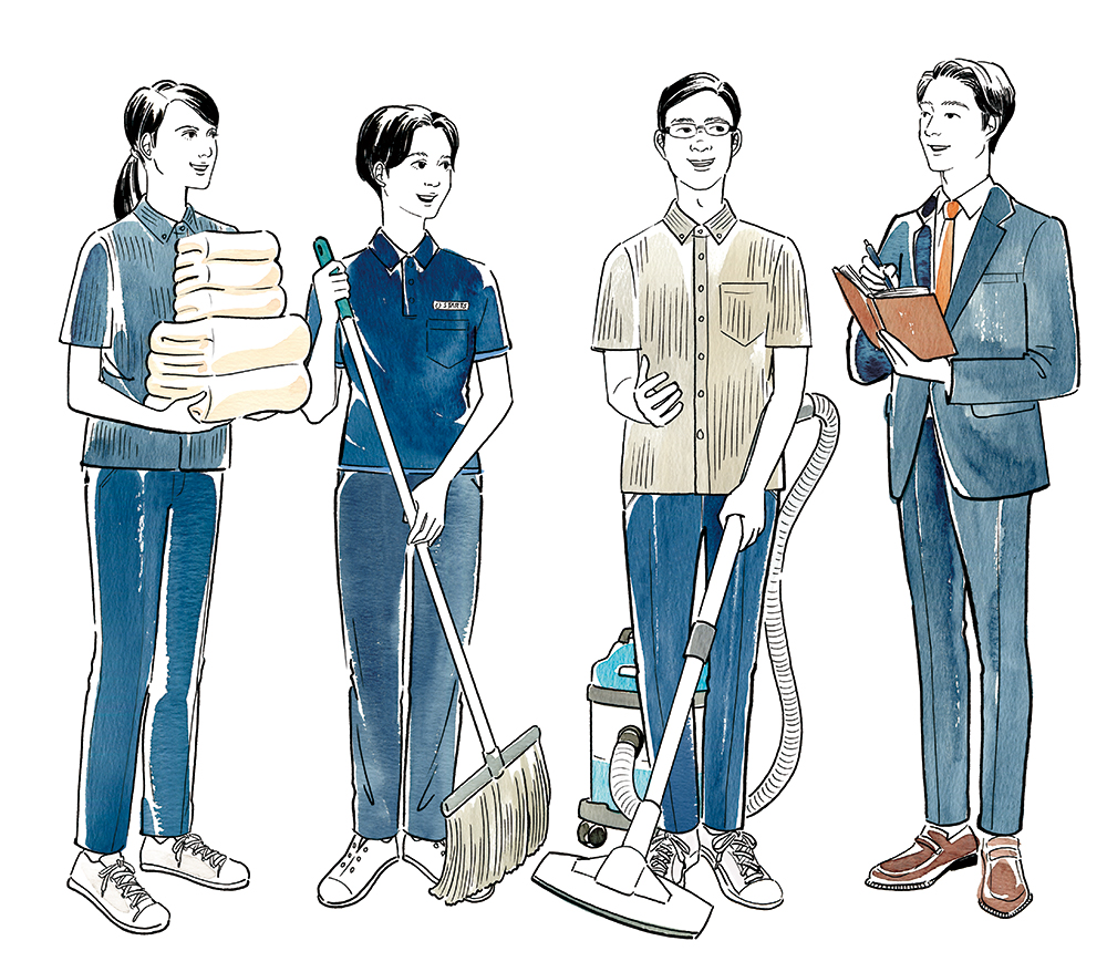 笑顔の清掃スタッフと管理者のチームイラスト