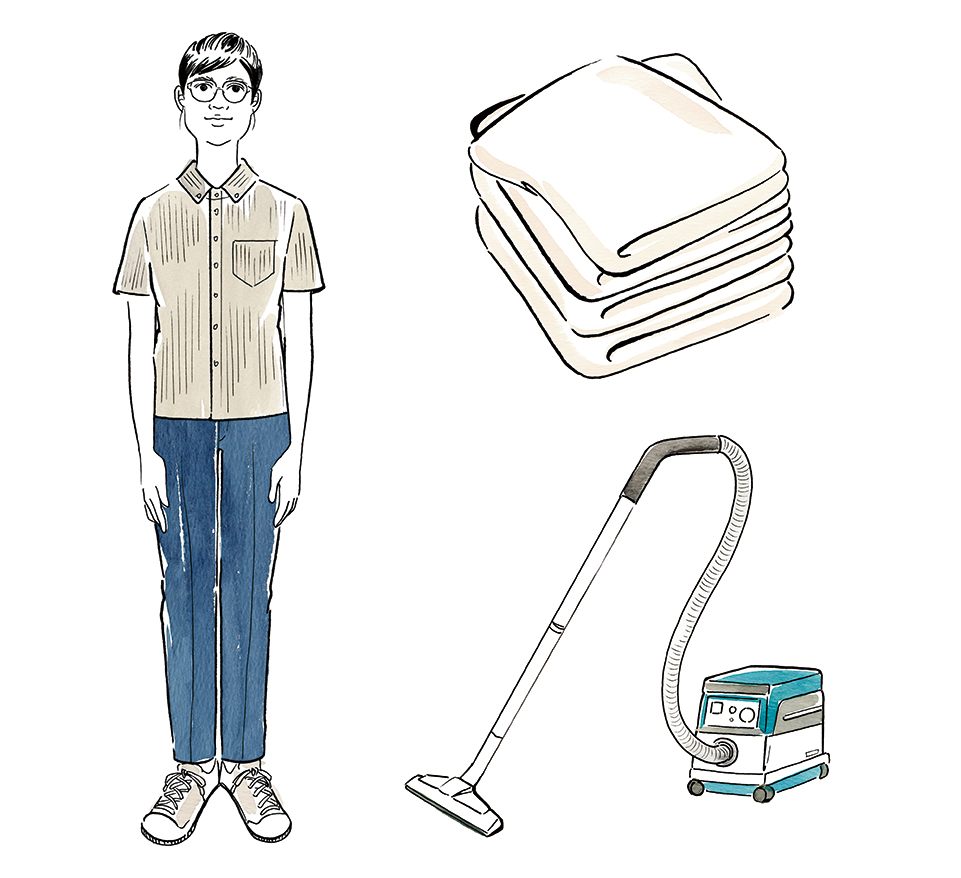 清掃スタッフとタオル、掃除機のイラスト