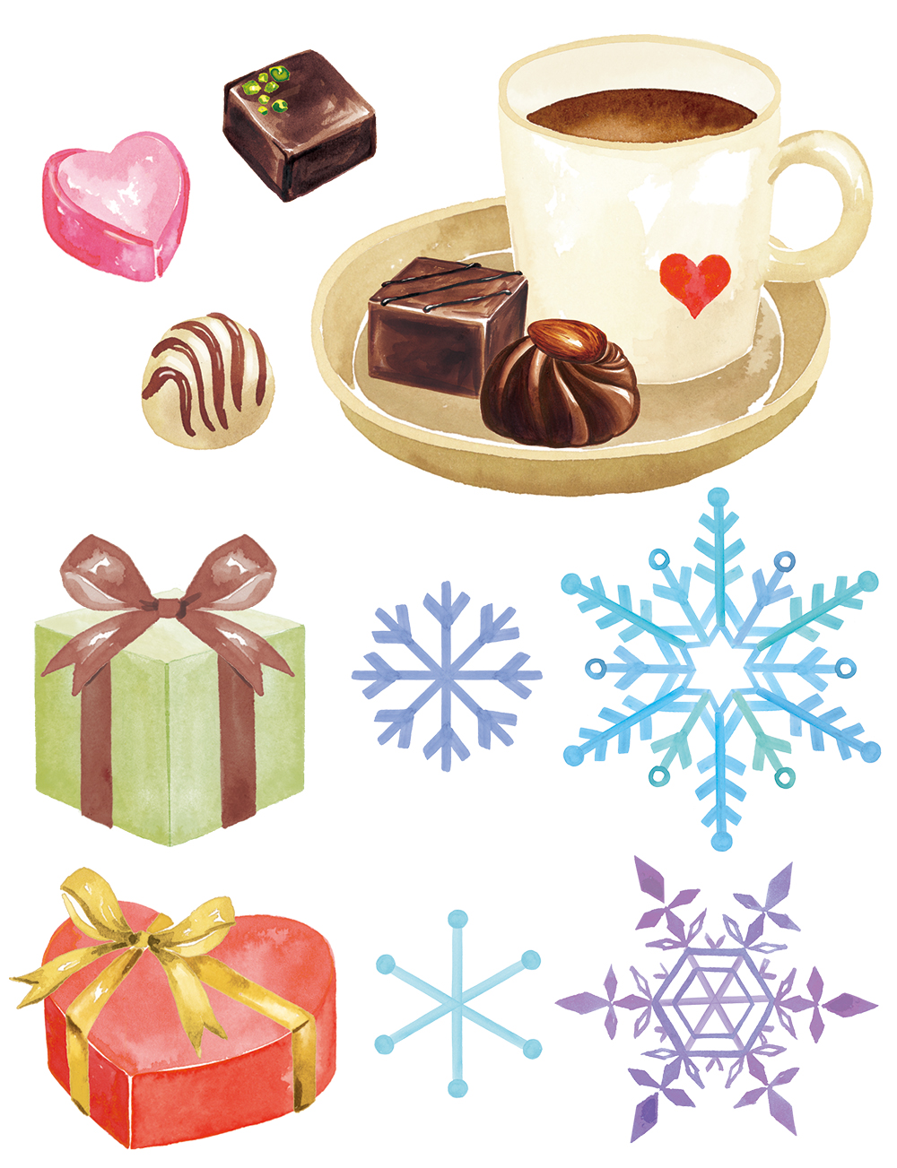 コーヒー、チョコレート、ギフト、水彩雪の結晶