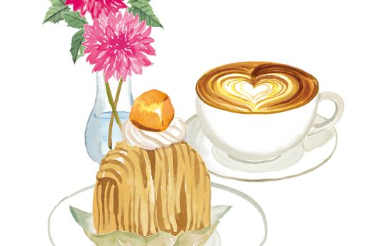 カフェラテとモンブランケーキ、ダリアの花
