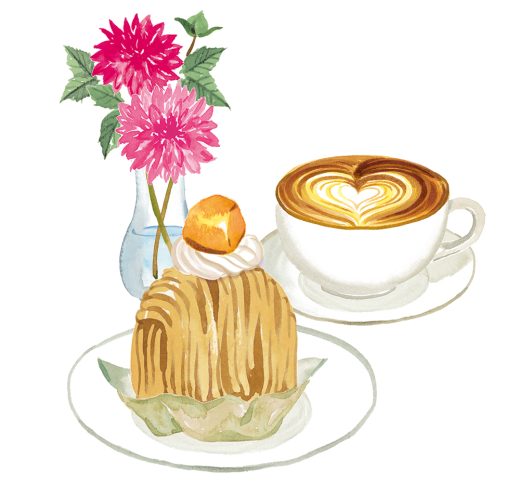 カフェラテとモンブランケーキ、ダリアの花