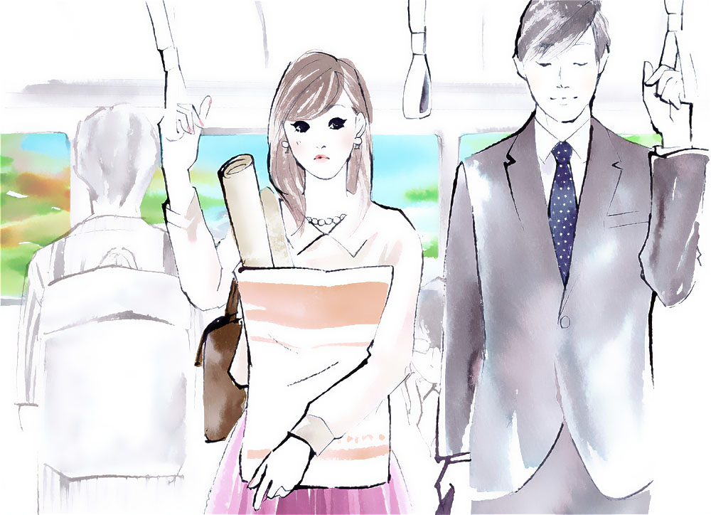 電車で通勤中の男女を水彩で描いたイラスト