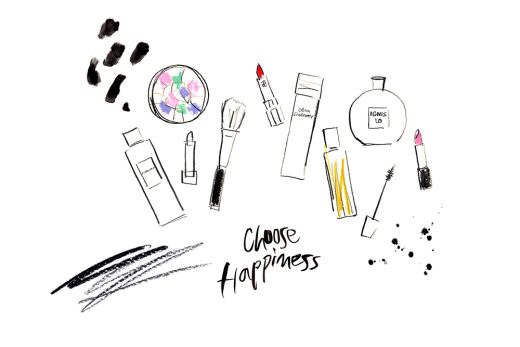 コスメアイテムと「Choose Happiness」のメッセージ