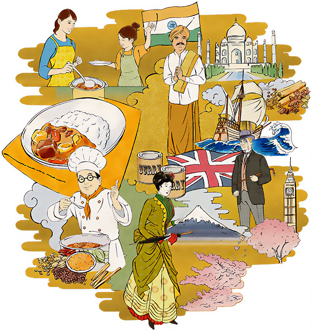 カレーの歴史を描いたイラスト、インドとイギリス、日本の文化が混在