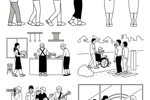 介護や日常生活の場面を描いたシンプルな線画イラスト