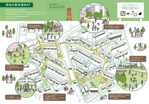 団地の散歩道マップと住民の暮らし風景イラスト