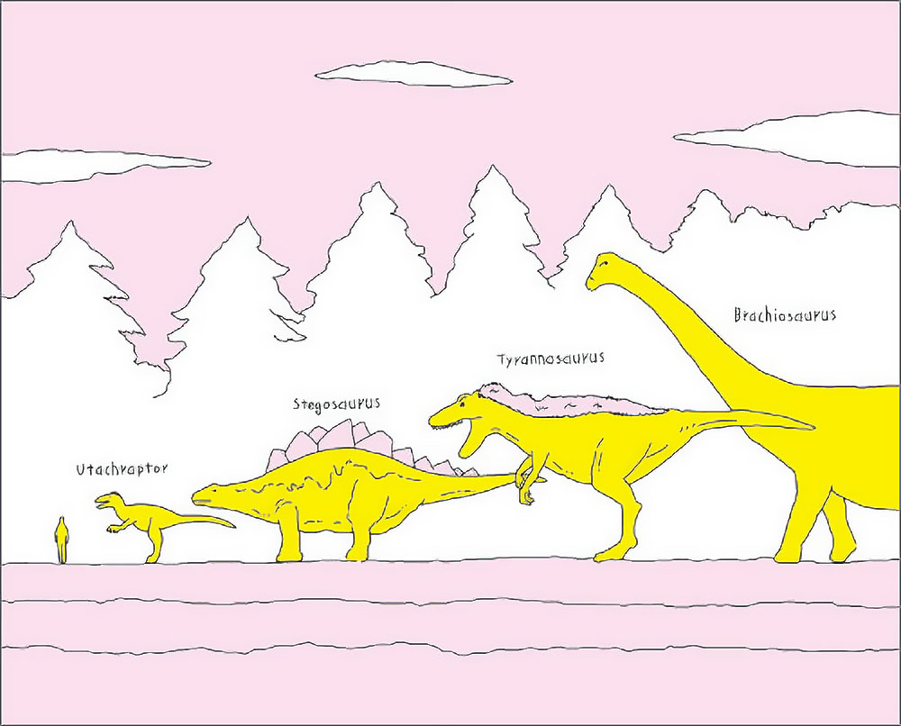 恐竜の種類と大きさを比較したシンプルなイラスト