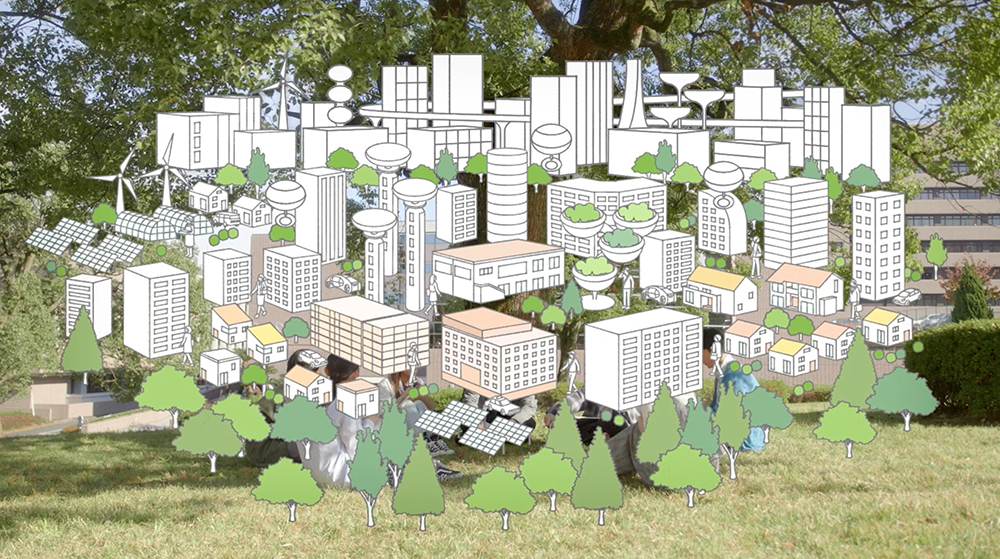 future city overlay on park, green tech, eco urban concept