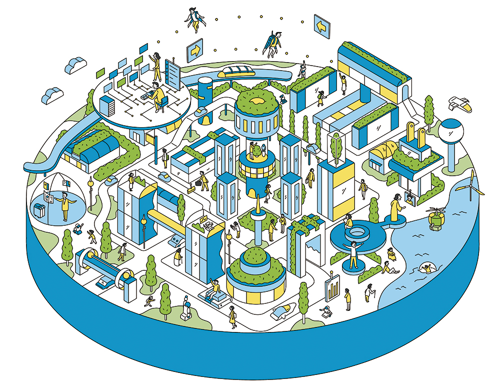 eco-friendly isometric smart city with flying tech and green buildings