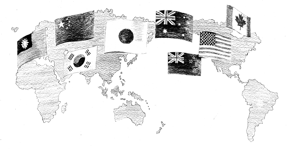 世界の国々の国旗と世界地図のイラスト