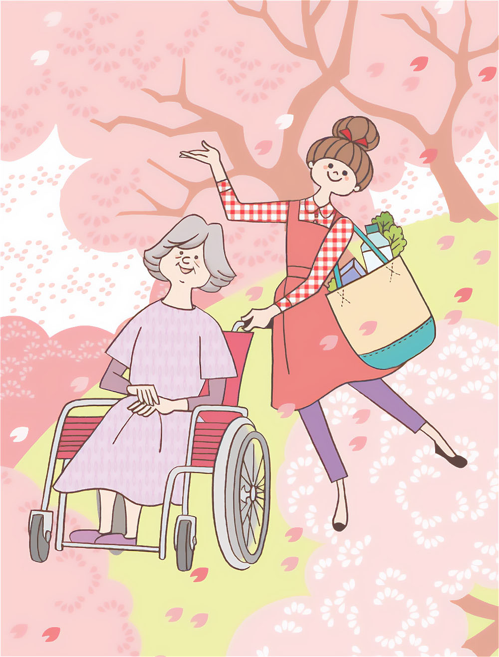 桜の下で車椅子のシニア女性と介助する若い女性のイラスト