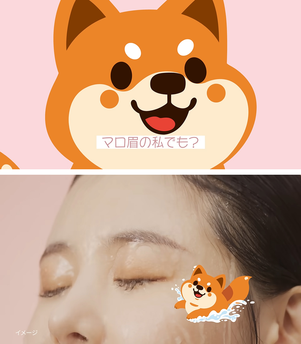 柴犬キャラと水に濡れた女性の眉
