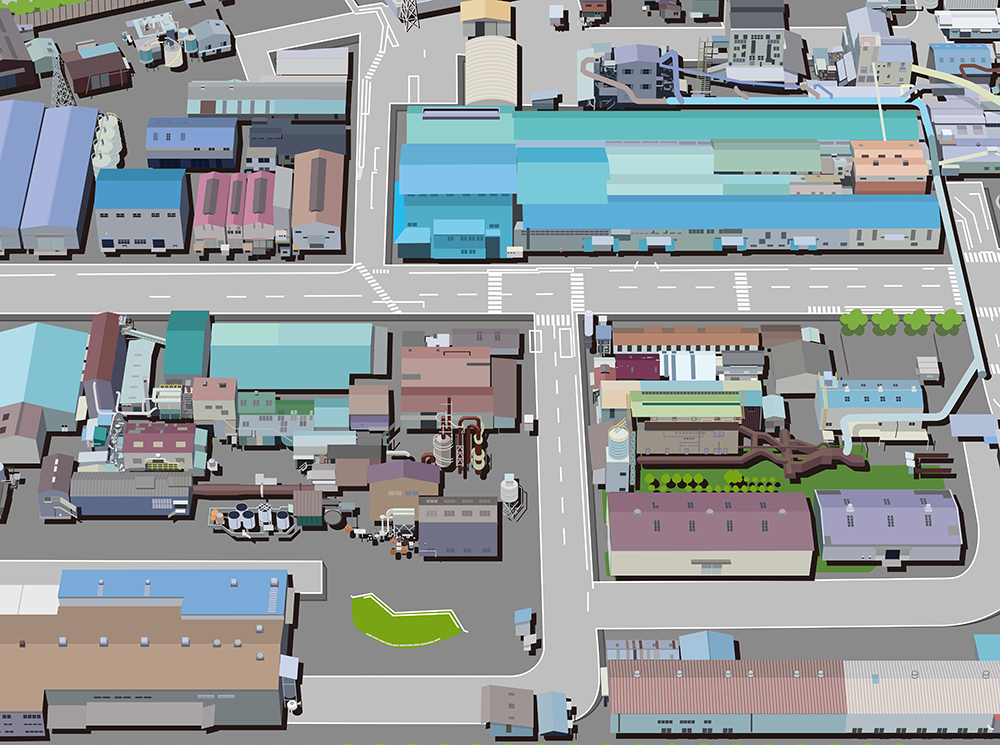 工場地帯の近接アイソメトリックイラスト、プラント設備と道路の俯瞰図