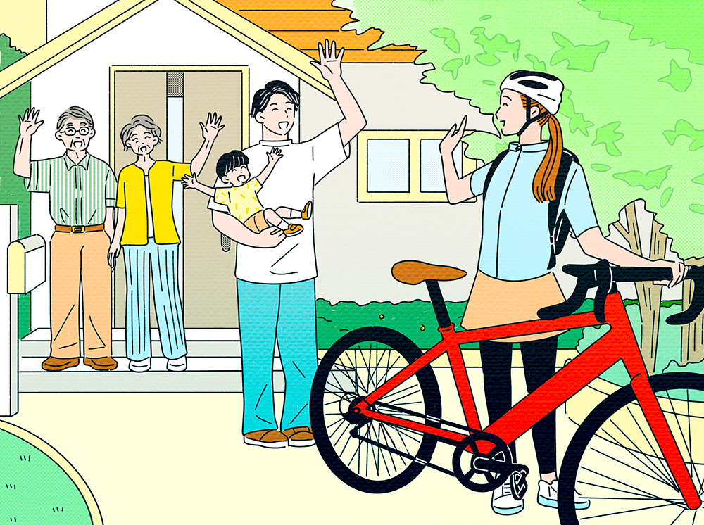 家族に見送られる自転車に乗った若い女性