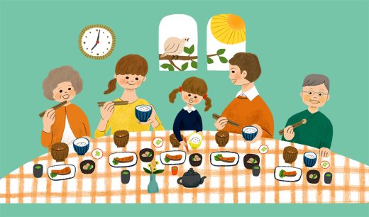 三世代の家族が和朝食を囲む様子