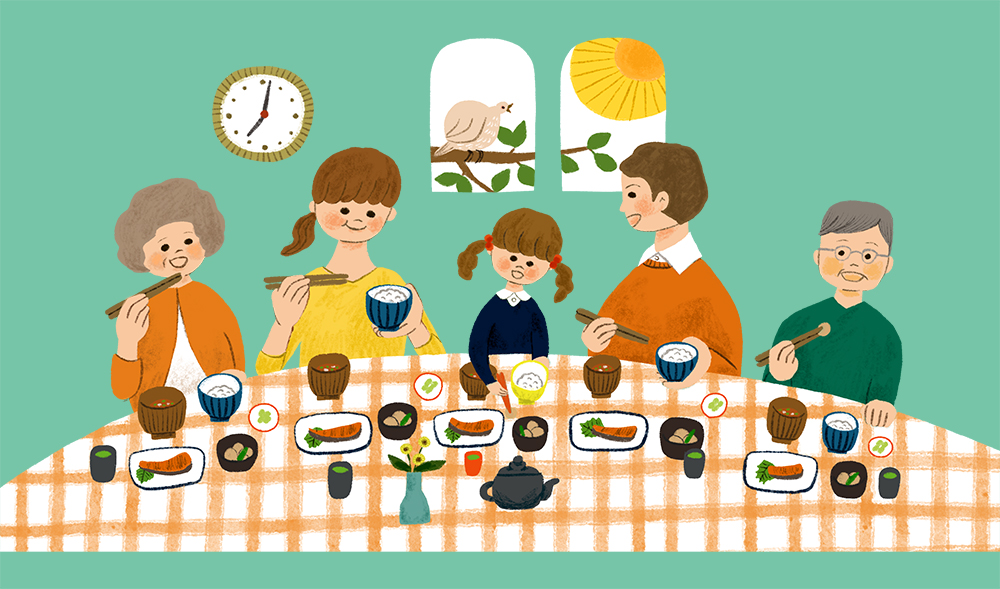 三世代の家族が和朝食を囲む様子