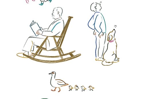 家族の日常と自然を描いた線画イラスト