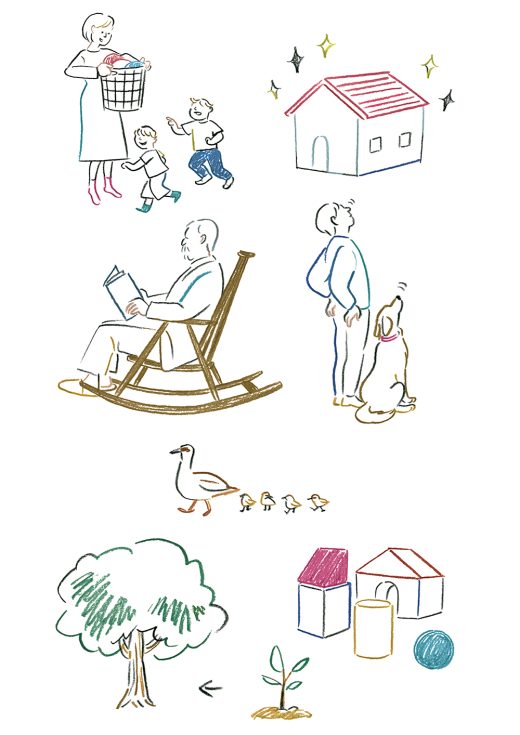 家族の日常と自然を描いた線画イラスト