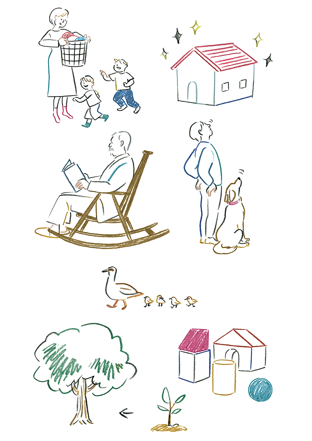 家族の日常と自然を描いた線画イラスト