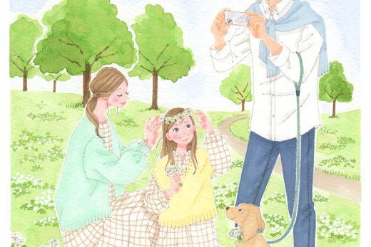 家族,ピクニック,犬,花冠イラスト