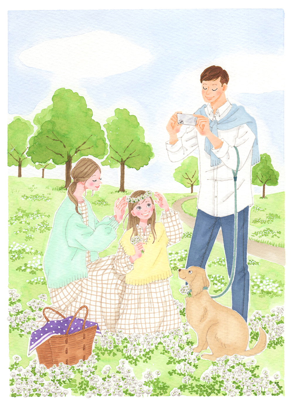 家族,ピクニック,犬,花冠イラスト