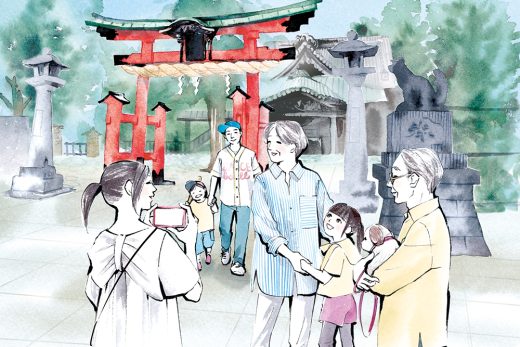 家族 神社 観光 記念撮影イラスト