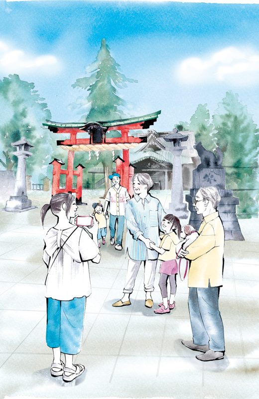 家族 神社 観光 記念撮影イラスト