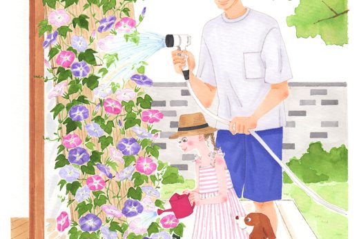 親子と犬が朝顔に水やりしているイラスト