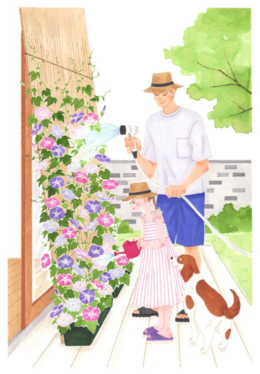 親子と犬が朝顔に水やりしているイラスト