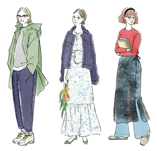 異なるファッションの女性3人の全身イラスト