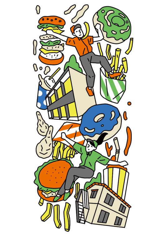 ファストフードのメニューと浮遊する店員、ポップな色使いのイラスト、飲食・職業