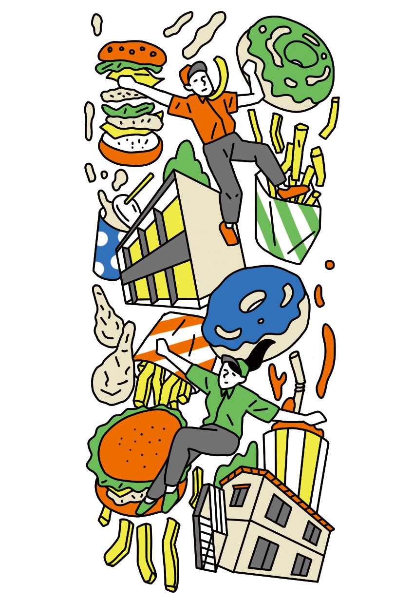 ファストフードのメニューと浮遊する店員、ポップな色使いのイラスト、飲食・職業