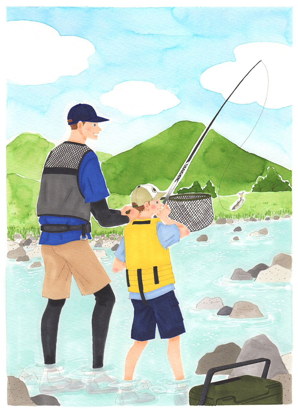 川釣り 親子 アウトドア 夏 イラスト