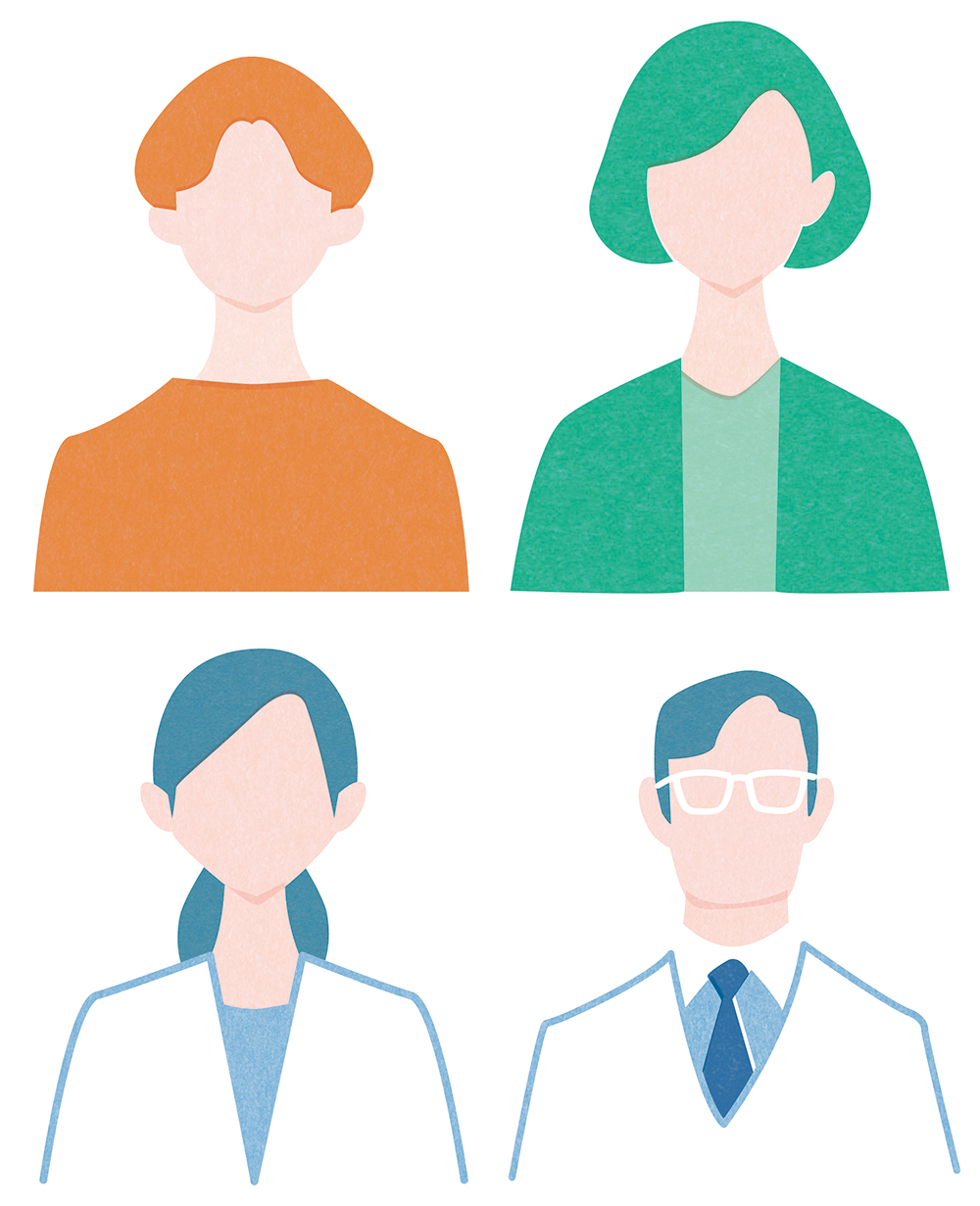 医療関係者と男女のフラットな人物アイコン4人分